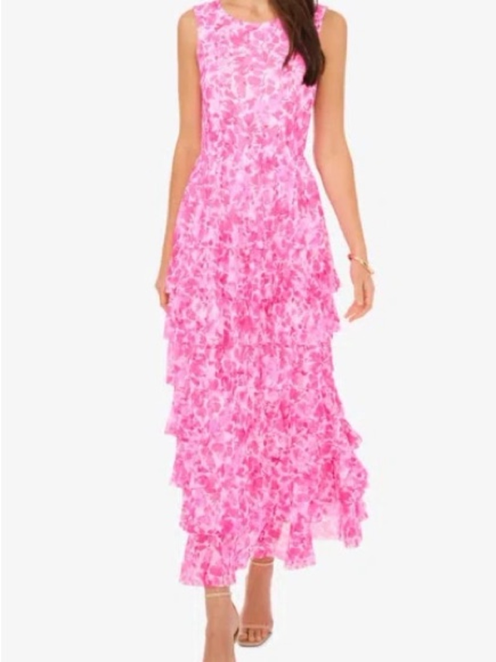 Vince Camuto Pink Floral Ruffled Maxi Dress